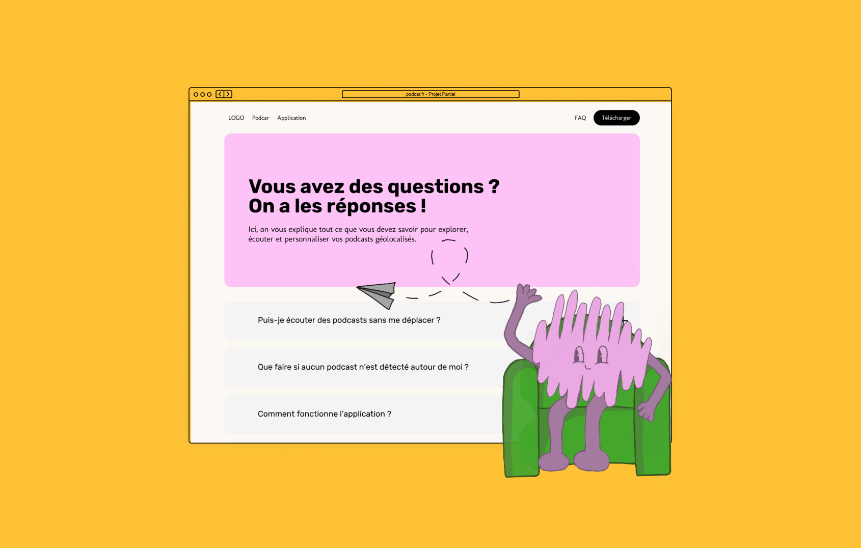 Aperçu des interfaces et écrans de l'application mobile Podcar
